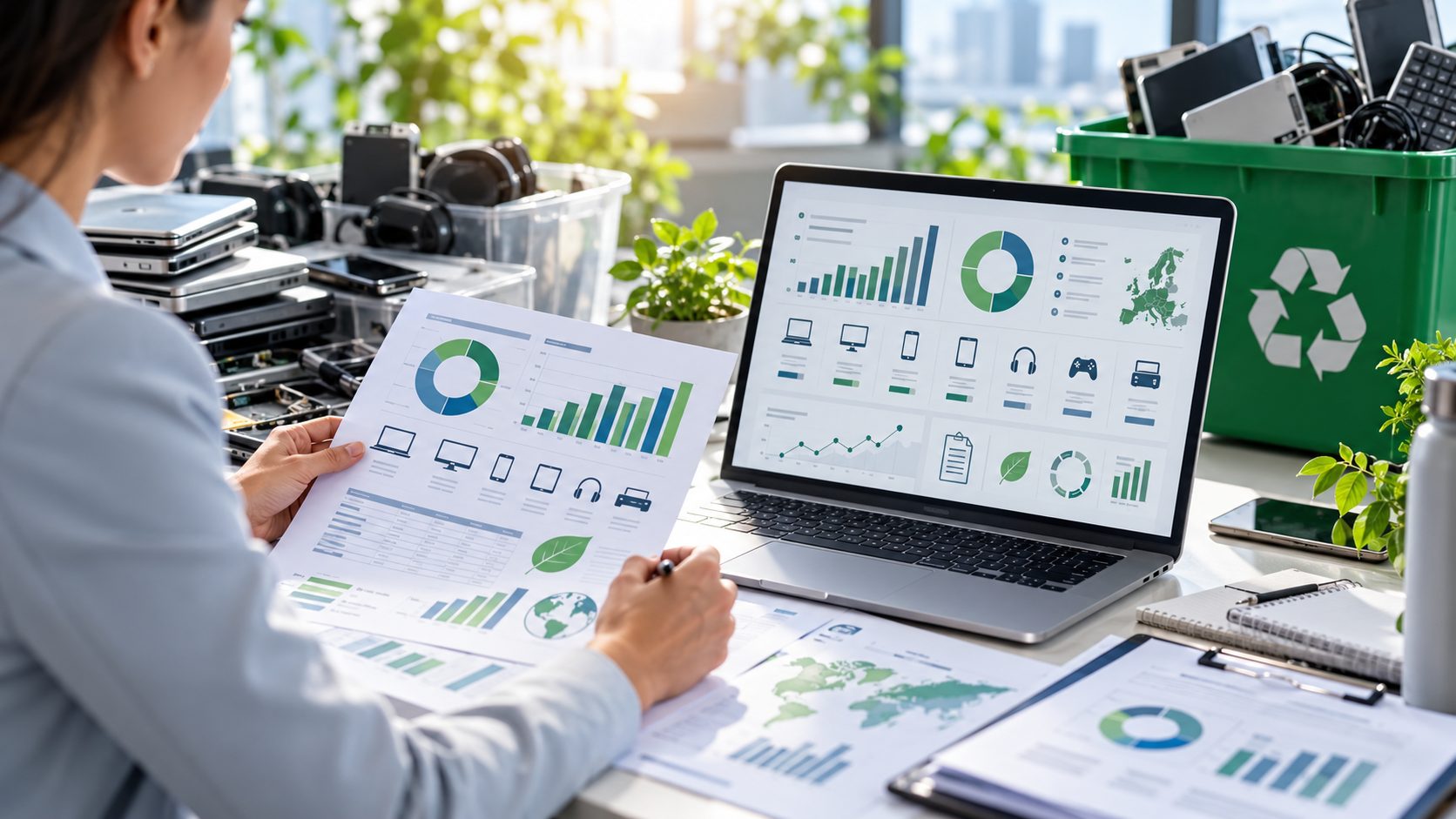 Profesional analizando gráficos de datos sobre responsabilidad ampliada del productor de aparatos electrónicos